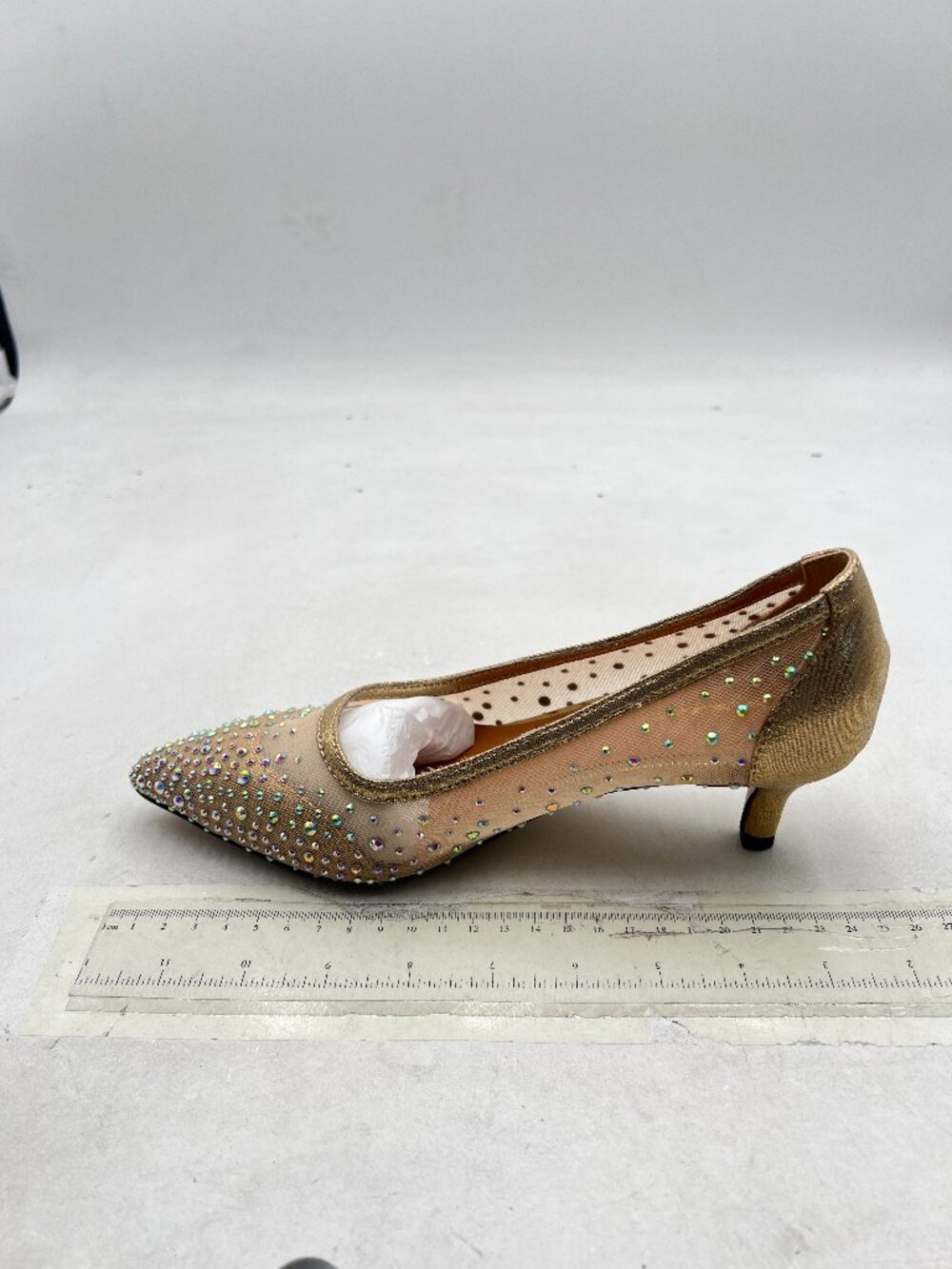 XYD Gold Pointed Closed Toe Slip On Graceful Mesh Pumps Rhinestone Studs Shoes